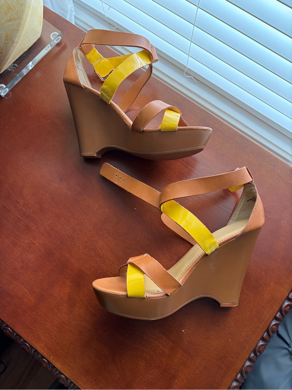 Women’s Tan Wedge Sandals with Yellow Straps